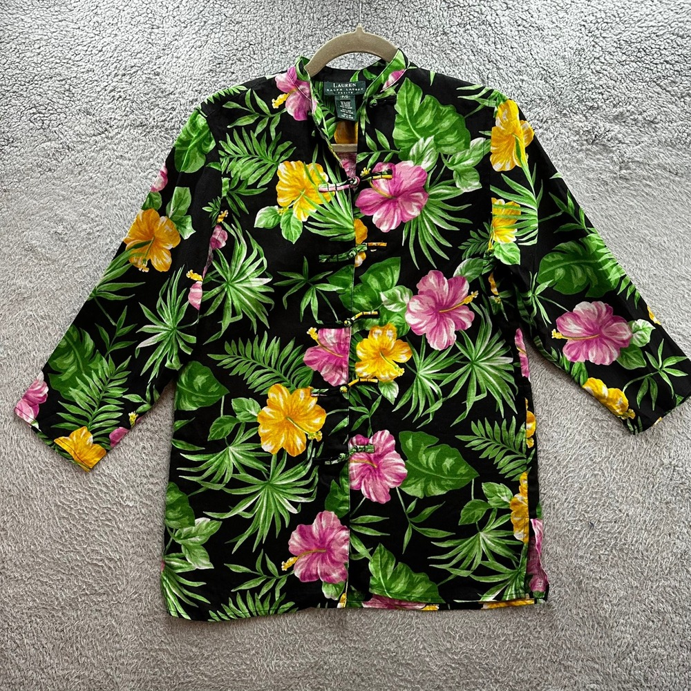 Lauren Ralph Lauren Petite Small Linen Tropical Hibiscus Frog Closure Jacket
